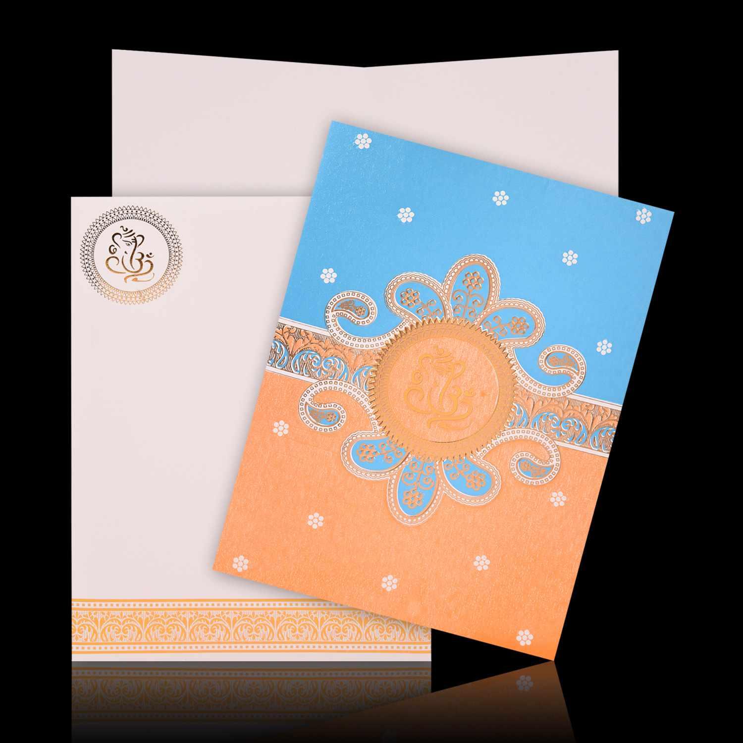 Enchanting Blue With Orange Shading Blossom Theme Wedding Card - KNK2956-0
